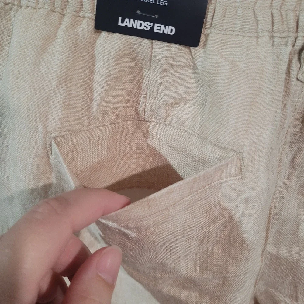 LANDS' END High Rise Barrel Leg 100% Linen Pants Sz 2 x 27 Beige Beach Vacation